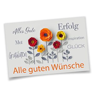 Vergrößere Abbildung Firmenglückwunschkarten mit orangefarbenem Schriftzug Alle guten Wünsche, bunten Blumen und Schlagwörtern auf strukturiertem Aquarellkarton