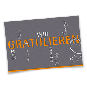 Vergrößere Abbildung Anthrazitgraue Glückwunschkarten mit Silberfolienprägung, Schlagwörtern und ausgestanzten Elementen, inkl. farbig wählbarem Einlegeblatt