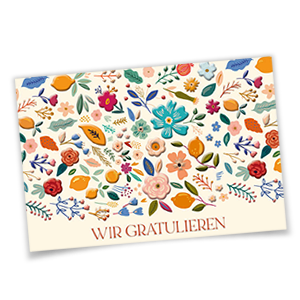 Vergrößere Abbildung Bunte Glückwunschkarten mit Blumen und Blindprägung sowie Schriftzug 'Wir gratulieren' auf strukturiertem Aquarellkarton