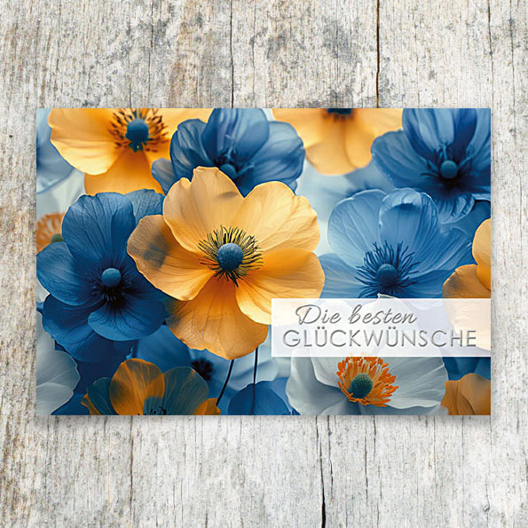 Vergrößerte Abbildung Glückwunschkarte mit zarten Blüten in Orange und Blau