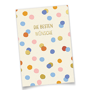 Vergrößere Abbildung Glückwunschkarte mit bunten und goldenen Punkten.