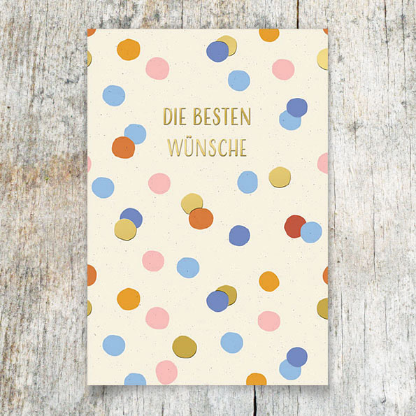 Vergrößerte Abbildung Glückwunschkarte mit bunten und goldenen Punkten.