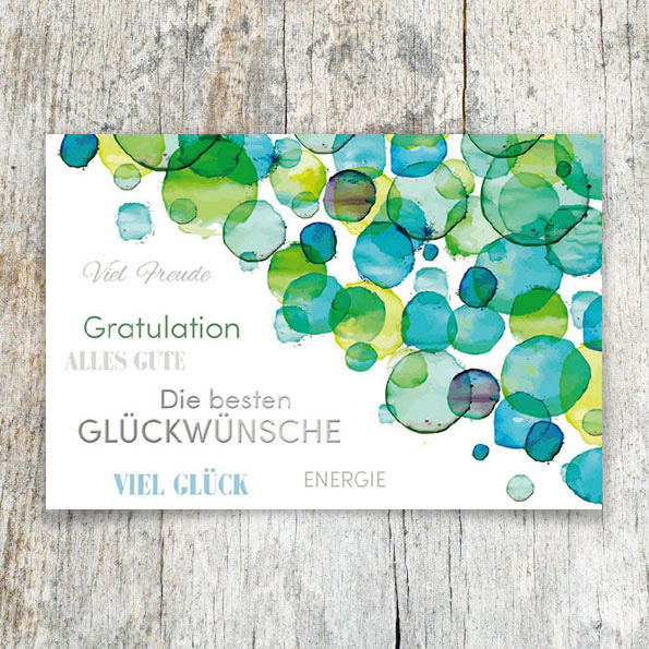 Vergrößerte Abbildung Glückwunschkarte mit grünen und blauen Bubble-Elementen