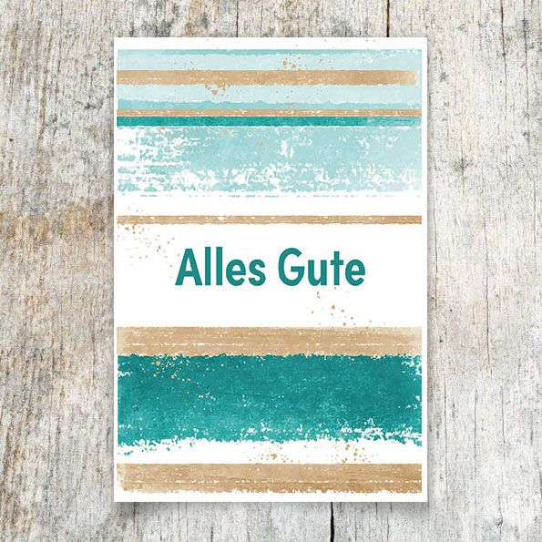 Vergrößerte Abbildung Universal-Glückwunschkarte mit dem Schriftzug Alles Gute und mintbraunen Farbstreifen, inkl. weißem Einlegeblatt und Umschlag