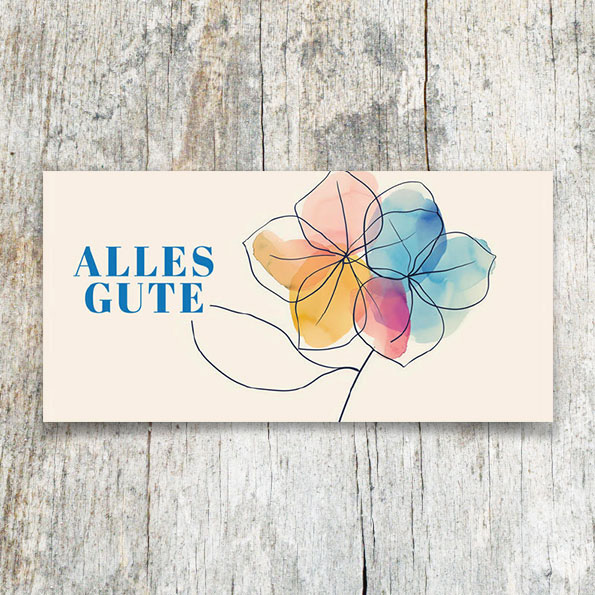 Vergrößerte Abbildung Bunte Glückwunschkarten im DIN lang Format mit Aquarellblume und blauem Schriftzug Alles Gute auf strukturiertem Karton