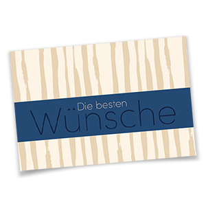 Vergrößere Abbildung Glückwunschkarten mit blauem Balken, Aufdruck Die besten Wünsche und hellbraunem Linienmuster