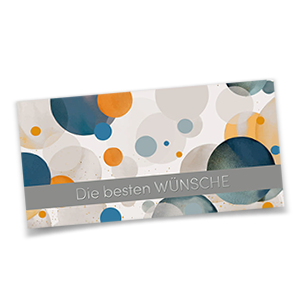 Vergrößere Abbildung Glückwunschkarte DIN lang mit bunten Kreisen, grauem Balken und silbergeprägtem Schriftzug Die besten Wünsche auf weißem Karton